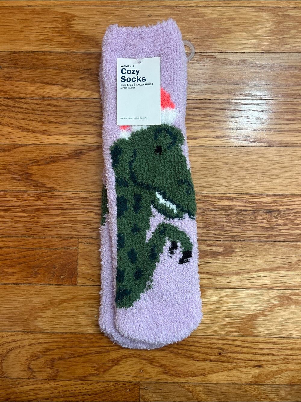 Old Navy Cozy Plush Crew Socks in Light Purple with Green Dinosaur
